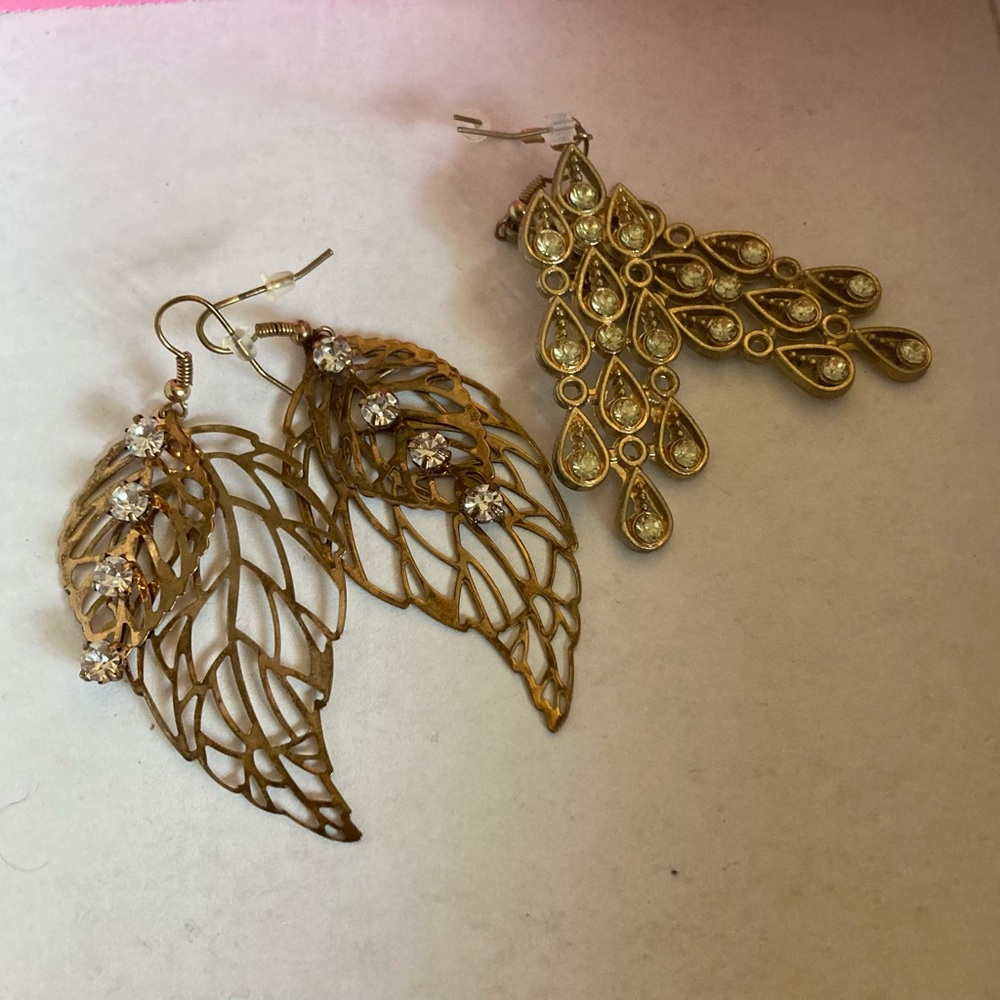 Two Pair of Fun Gold Costume Earrings With Rhinestones
